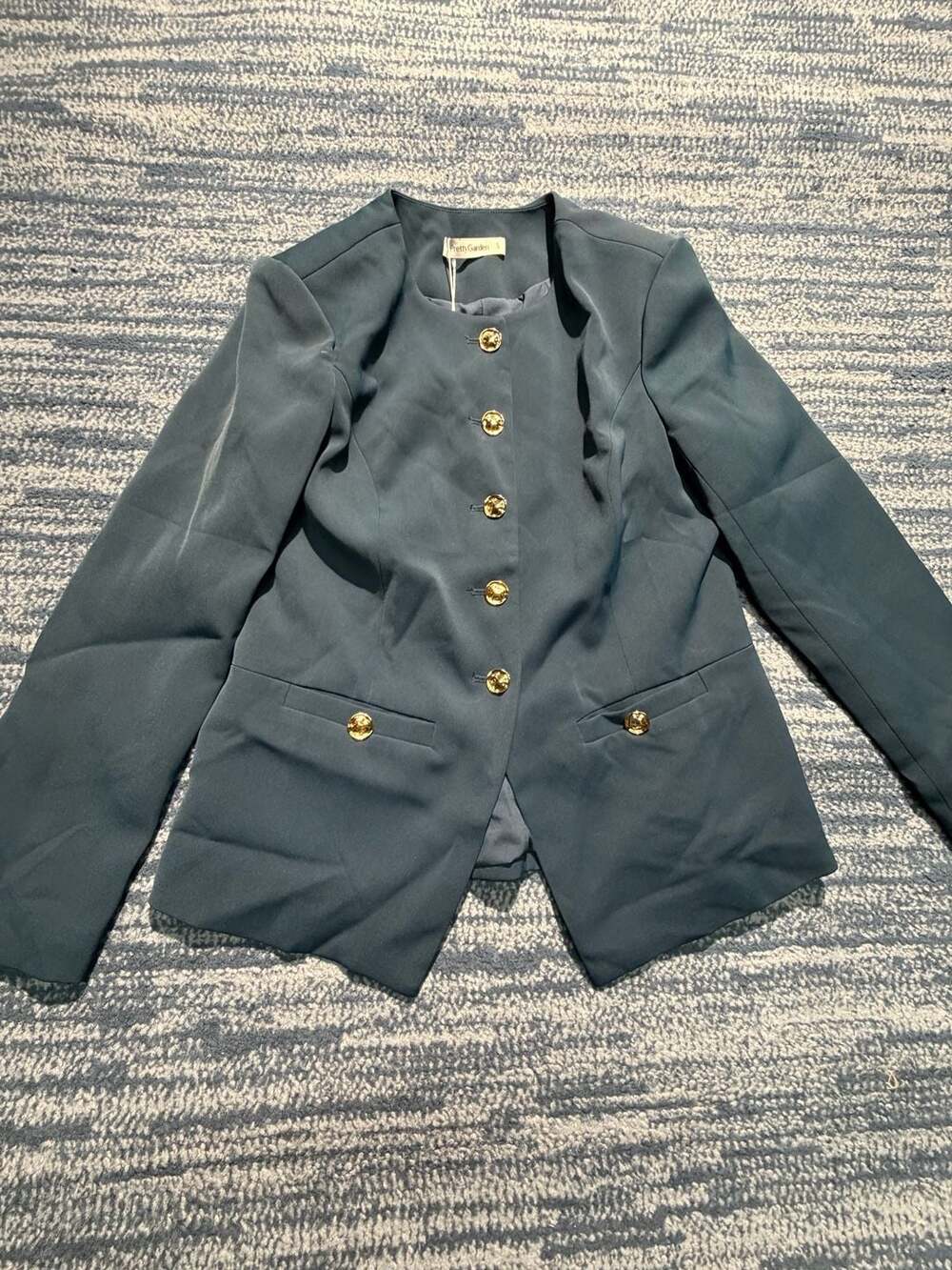 PrettyGarden Collarless Blazer Size S Dark Green Gold Buttons